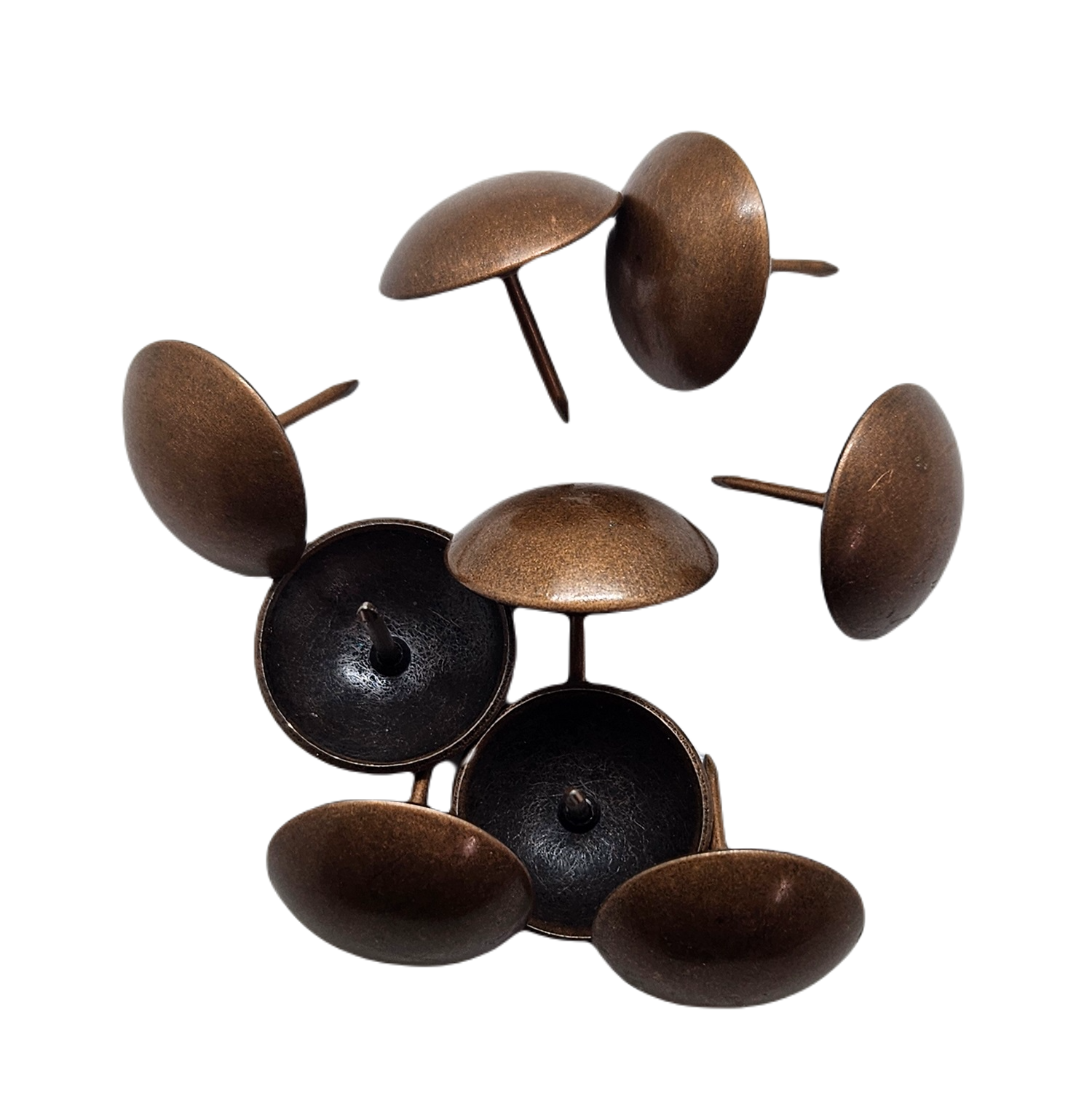 Bronze upholstery tacks with round domed heads for furniture decoration.