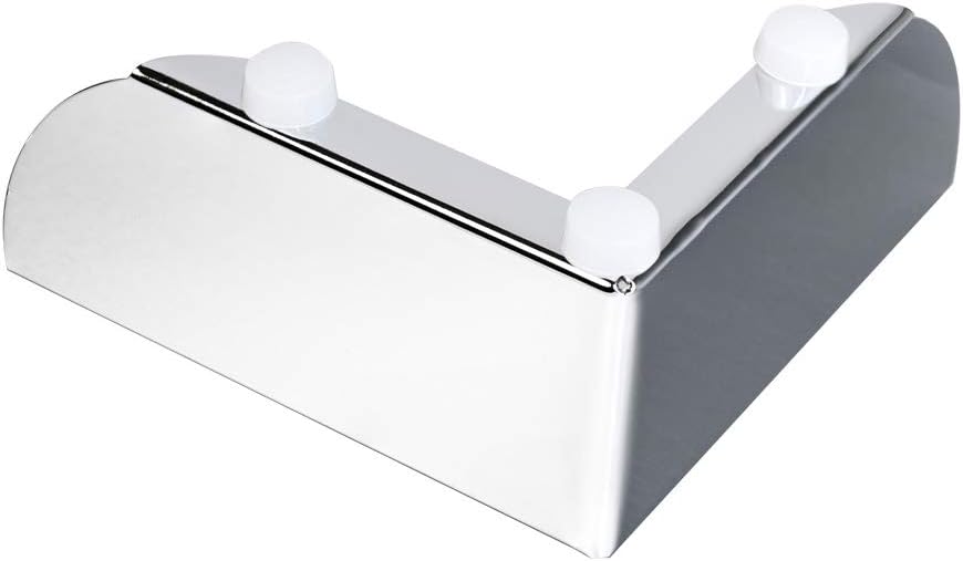 Chrome-plated V-shaped sofa leg with rounded edges and three white protective caps on top.