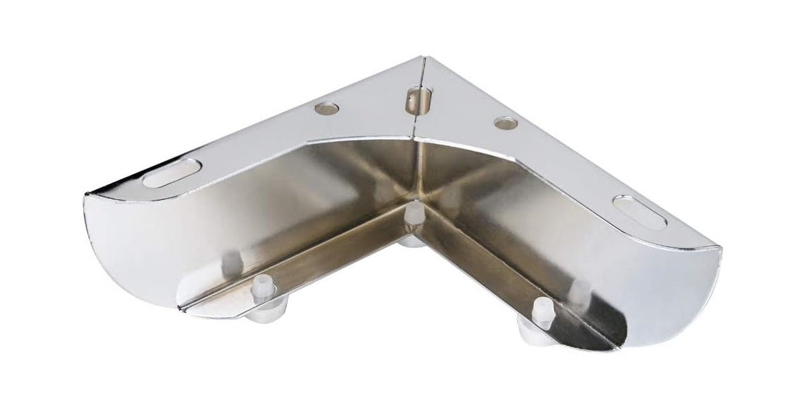 Chrome-plated V-shaped sofa leg with rounded edges, screw mounting holes on top, and protective caps at the base.