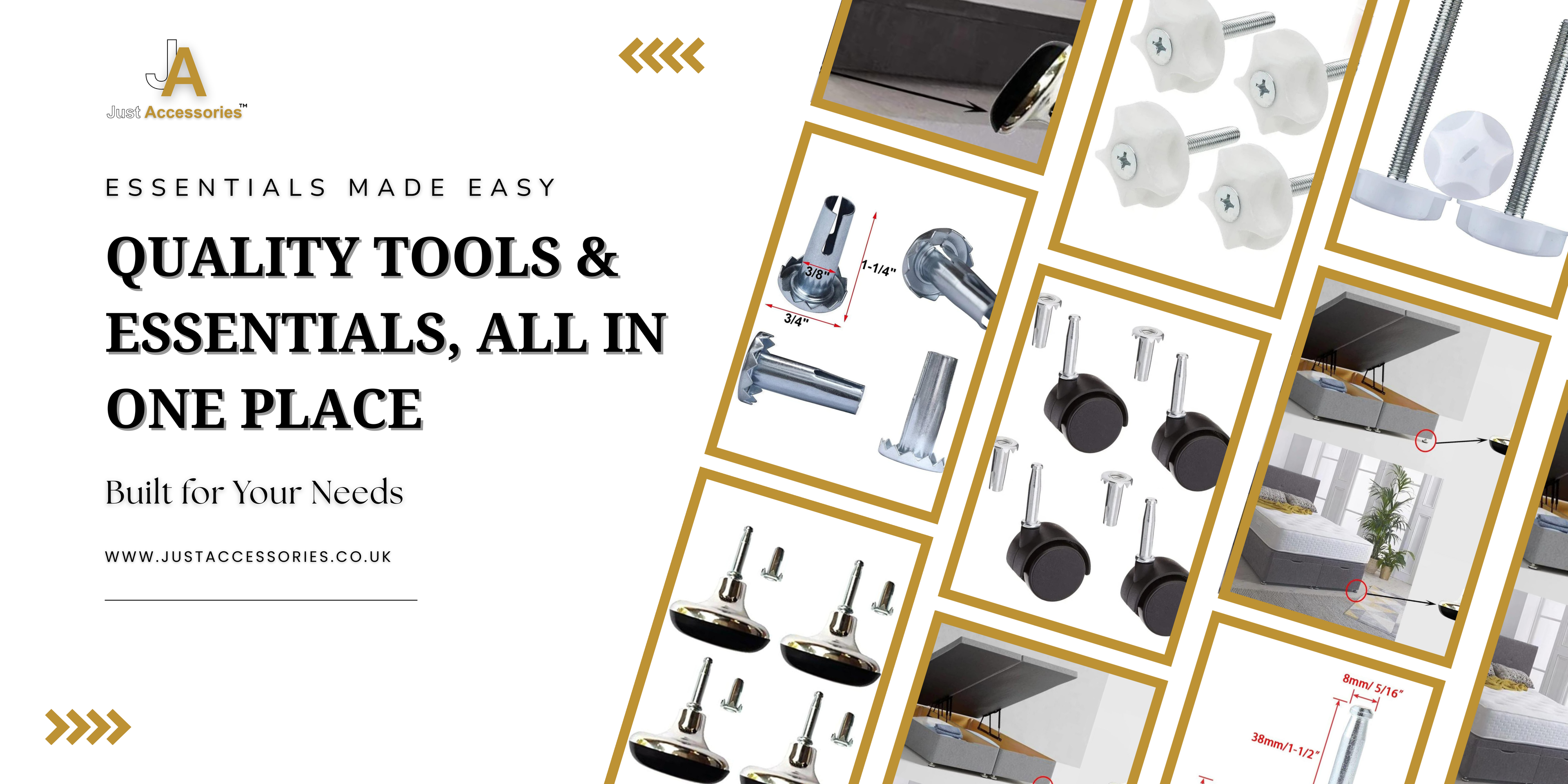 Just Accessories banner with quality tools, bolts, and hardware essentials.