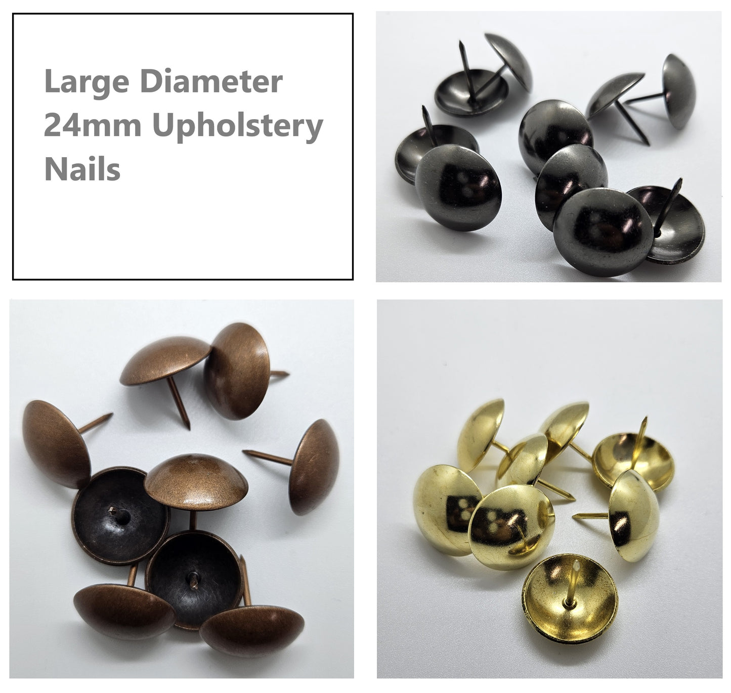 Large diameter 24mm upholstery nails in three finishes – antique bronze, black, and brass – displayed on white background.