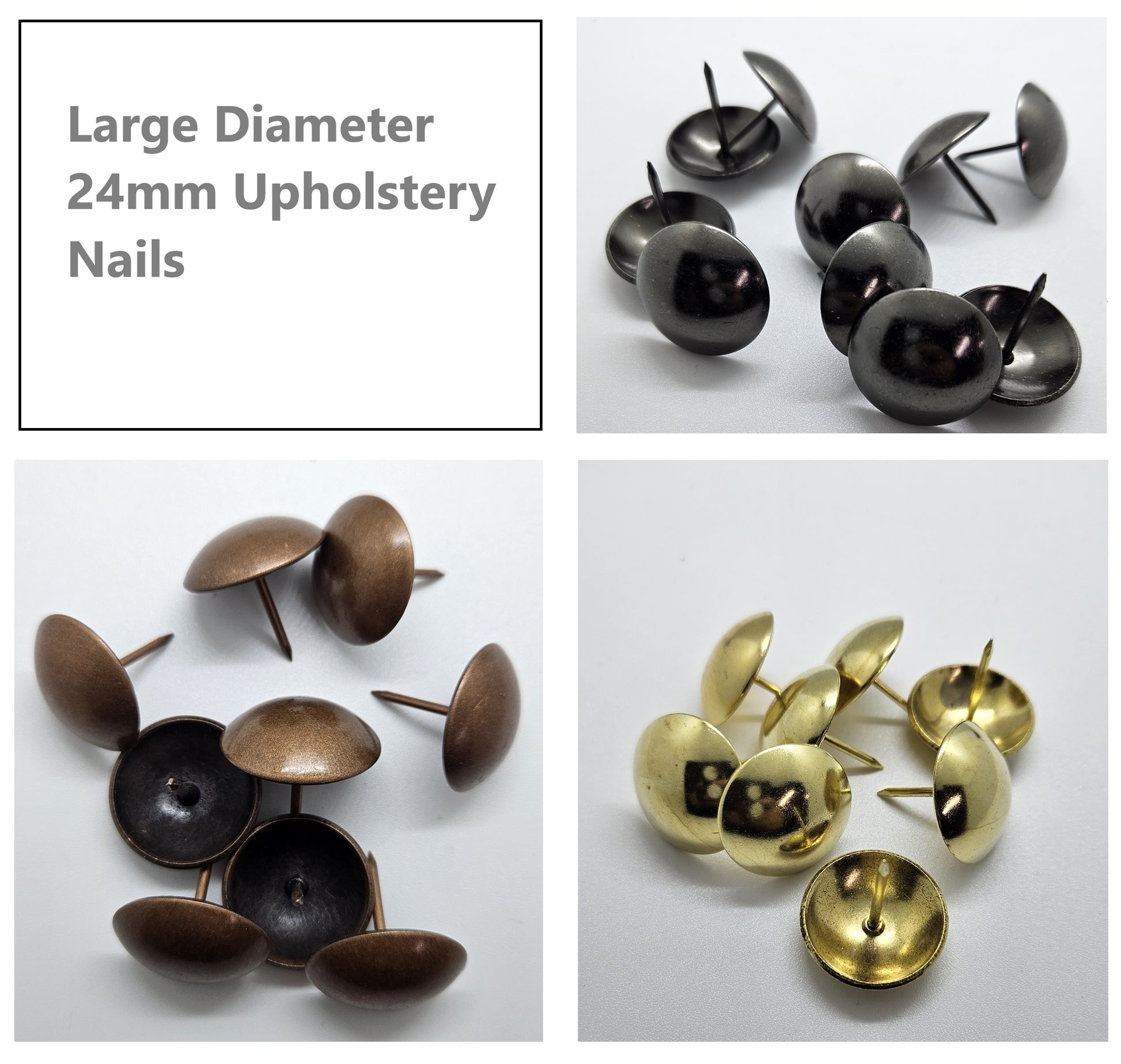 Large diameter 24mm upholstery nails in three finishes – antique bronze, black, and brass – displayed on white background.