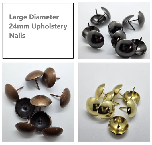 Large diameter 24mm upholstery nails in three finishes – antique bronze, black, and brass – displayed on white background.