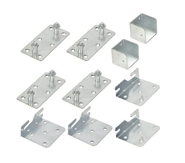 A set of zinc-plated metal bed rail fittings.