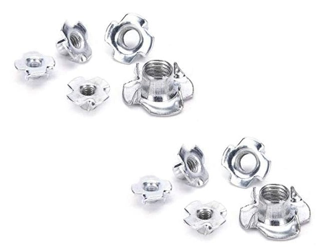 Metal T-nuts with prongs for secure furniture and wood bolt fastening.