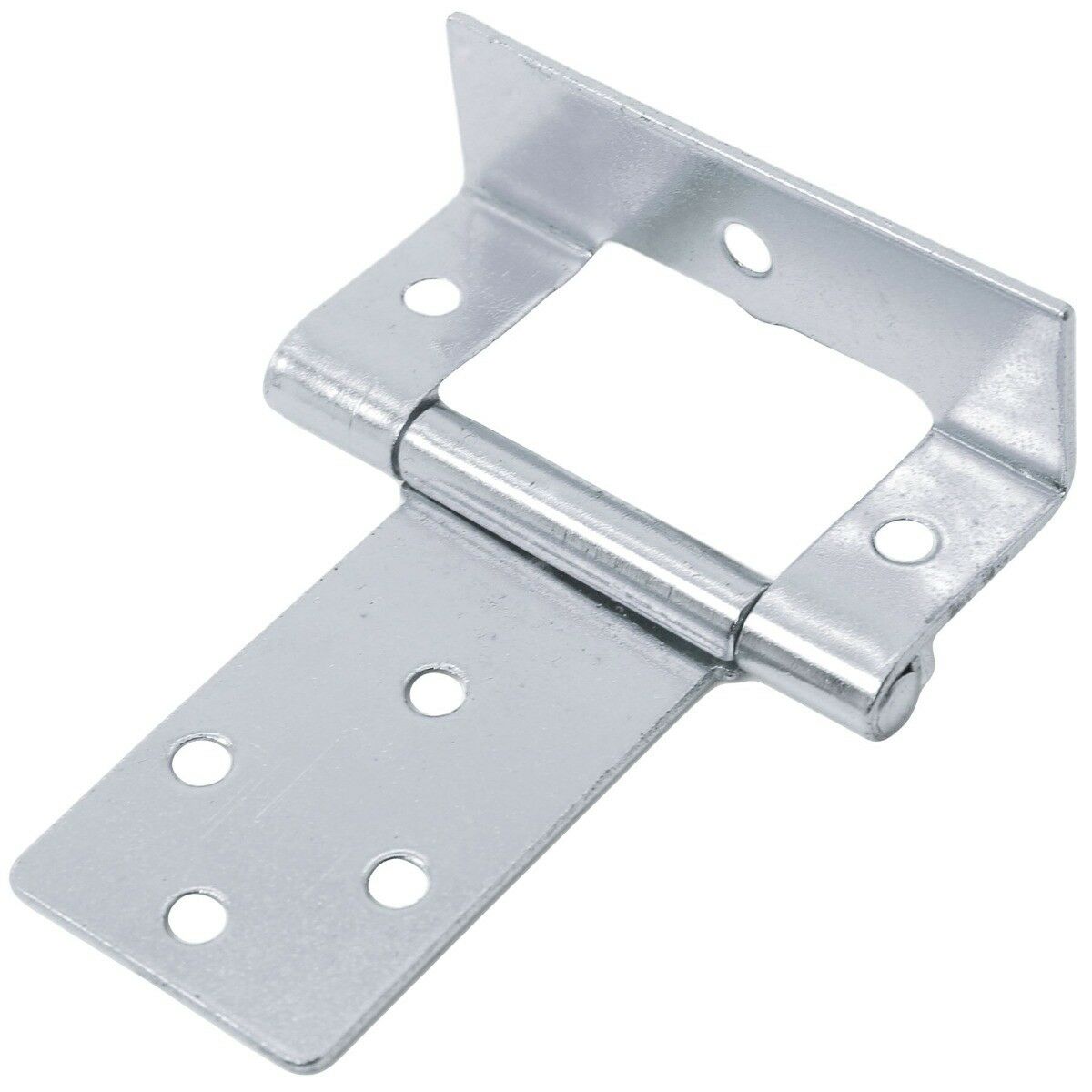 Metal furniture hinge bracket with multiple screw holes.