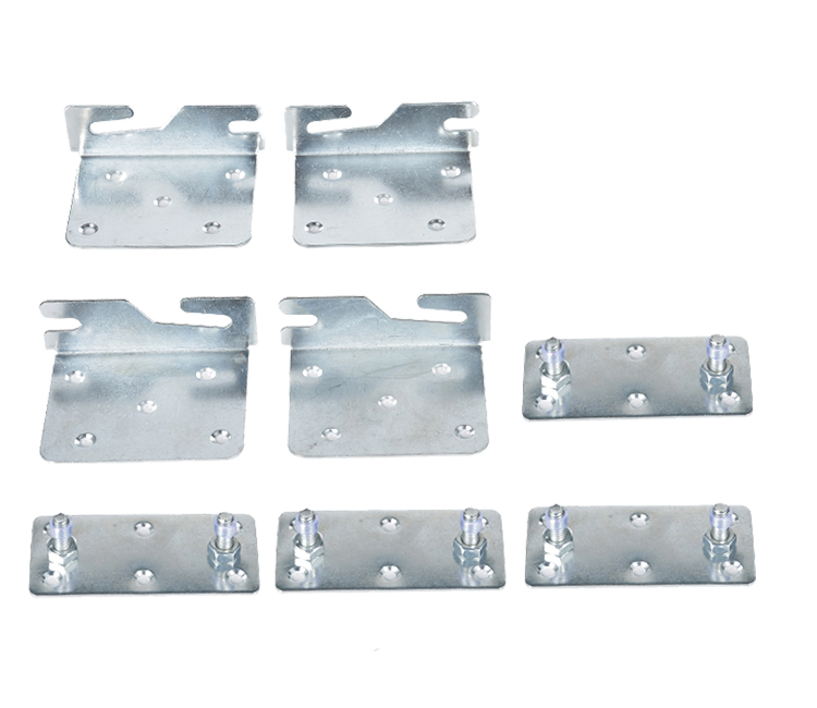 A set of zinc-plated metal bed rail fittings, including four large hook plates for corner posts