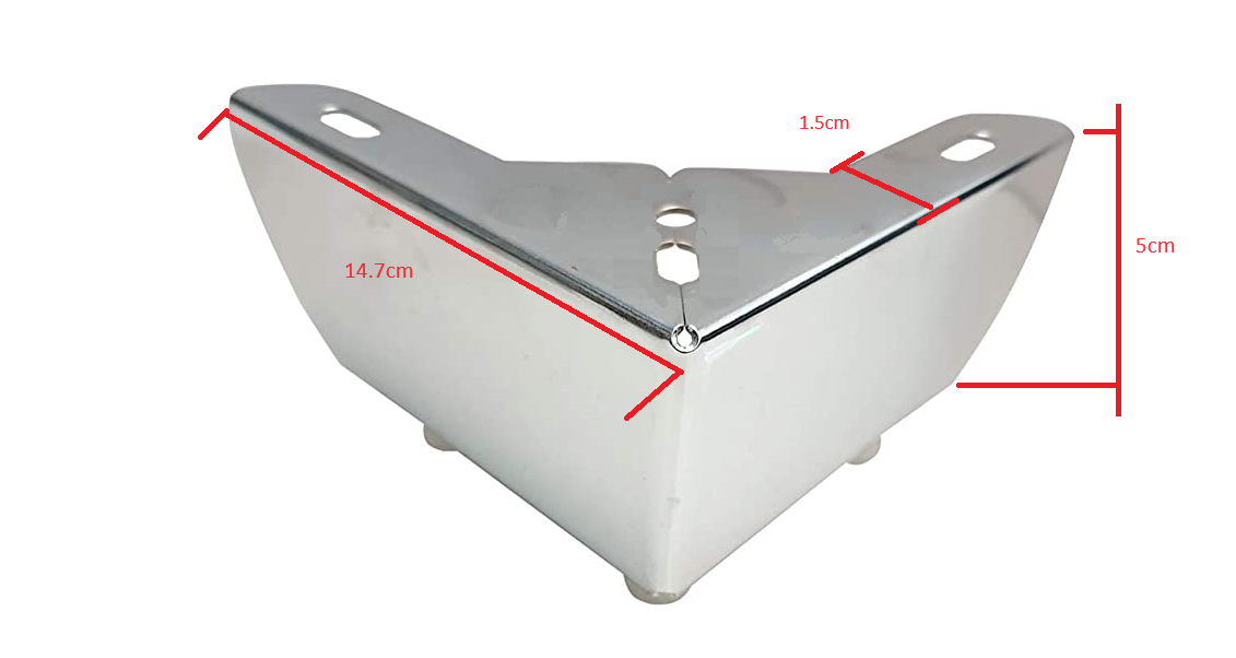 Silver metal sofa leg with V-shape design, showing dimensions 14.7 cm length, 5 cm height, and 1.5 cm width.