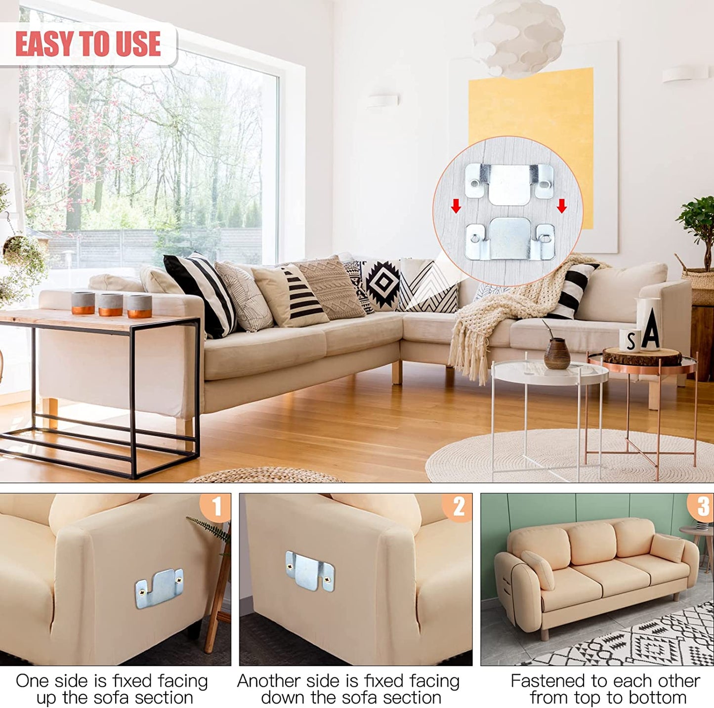 Sofa connector clips joining sectional sofas securely.