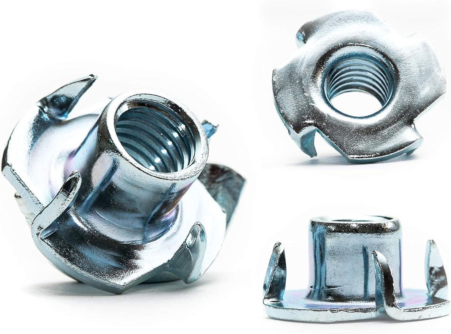 T-nuts (tee nuts) with four prongs, used for inserting threads into wood.