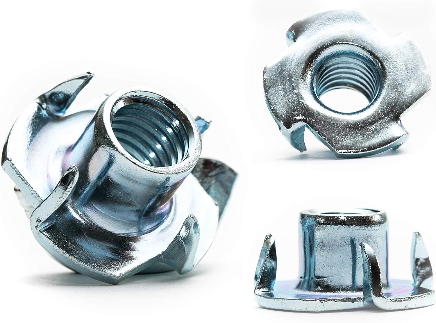 T-nuts (tee nuts) with four prongs, used for inserting threads into wood.
