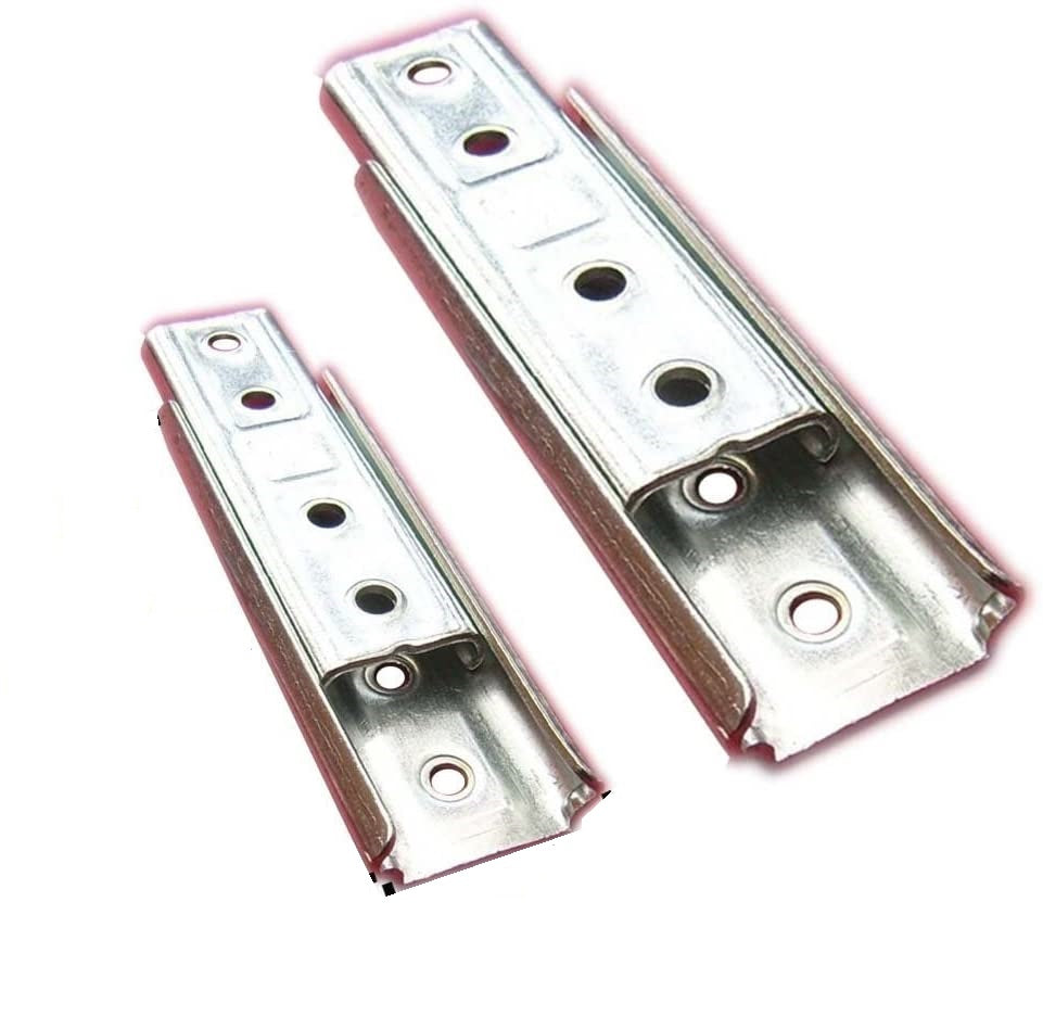 Two metal sofa connectors with multiple screw holes for joining sectional furniture.