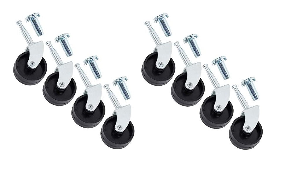 Set of eight black swivel caster wheels with silver mounting stems, arranged in two groups on a white background.