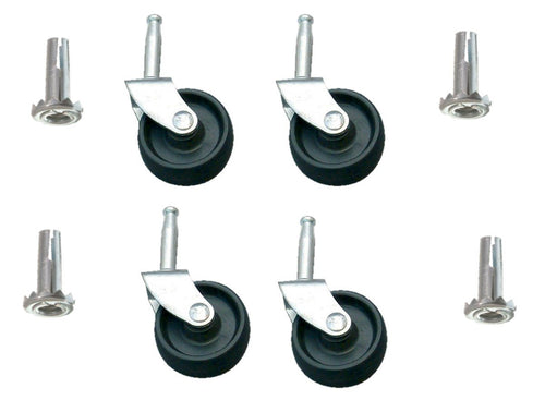 Set of four black swivel caster wheels with metal fittings, accompanied by four matching metal sockets for installation.