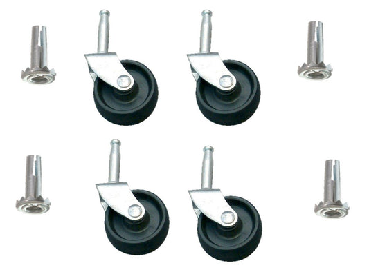 Set of four black swivel caster wheels with metal fittings, accompanied by four matching metal sockets for installation.