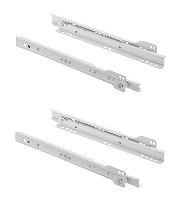 Set of four metal drawer slides with ball-bearing mechanism for smooth opening and closing.