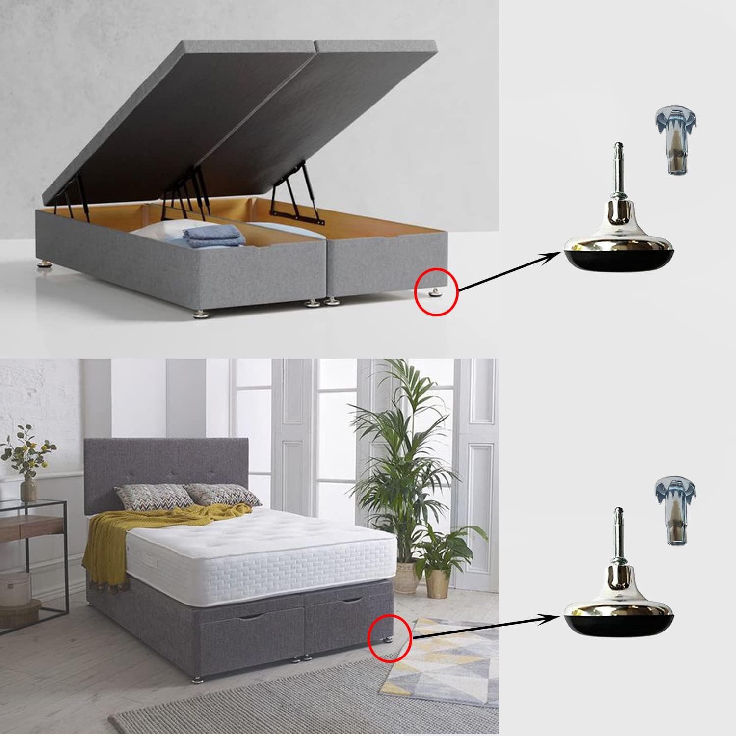Chrome Glides feet legs castors and inserts for divan bed, showcasing their sleek design in a stylish bedroom setting.