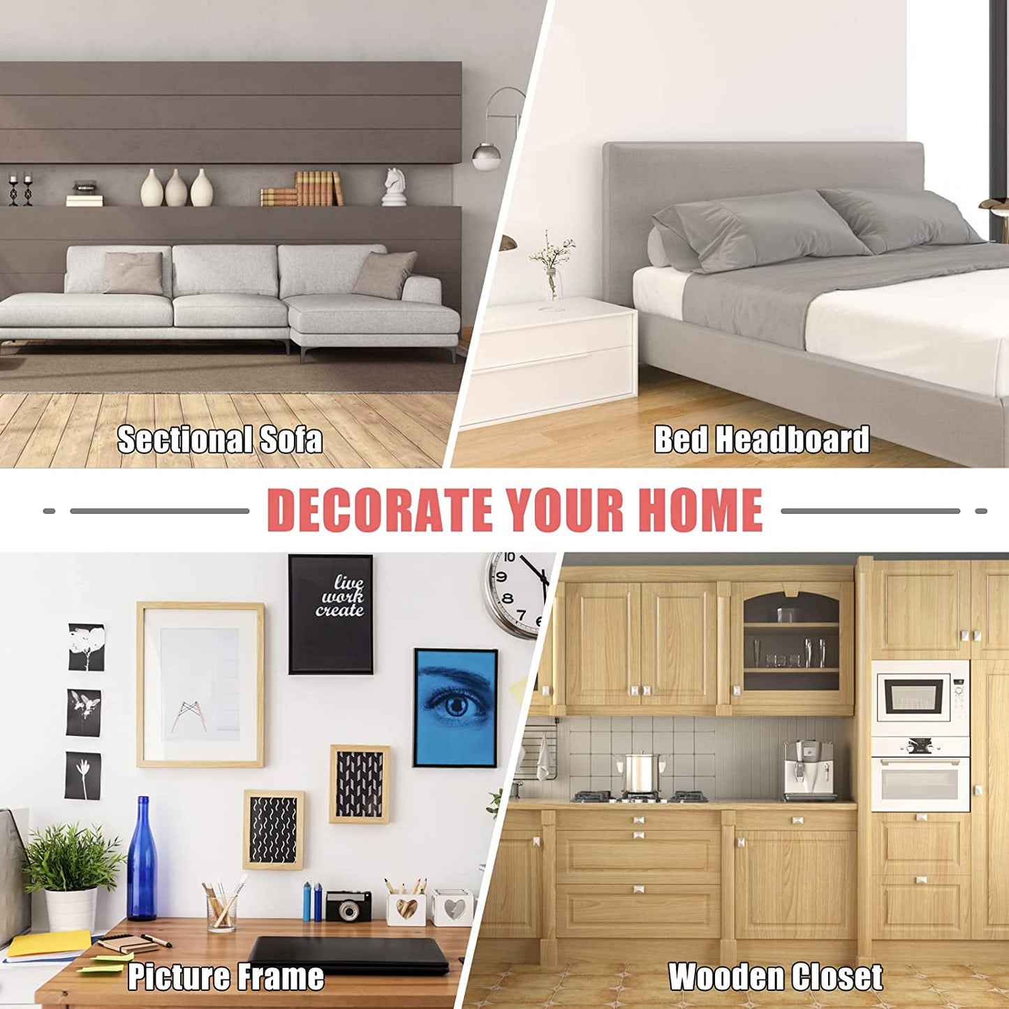Collage of home decor items: sofa, bed headboard, picture frames, and wooden closet.