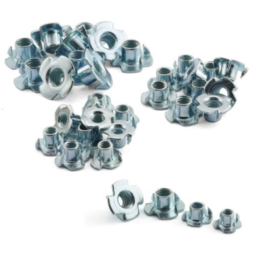 ​A large pile of bulk, zinc-plated metal T-nuts (tee nuts) with prongs.