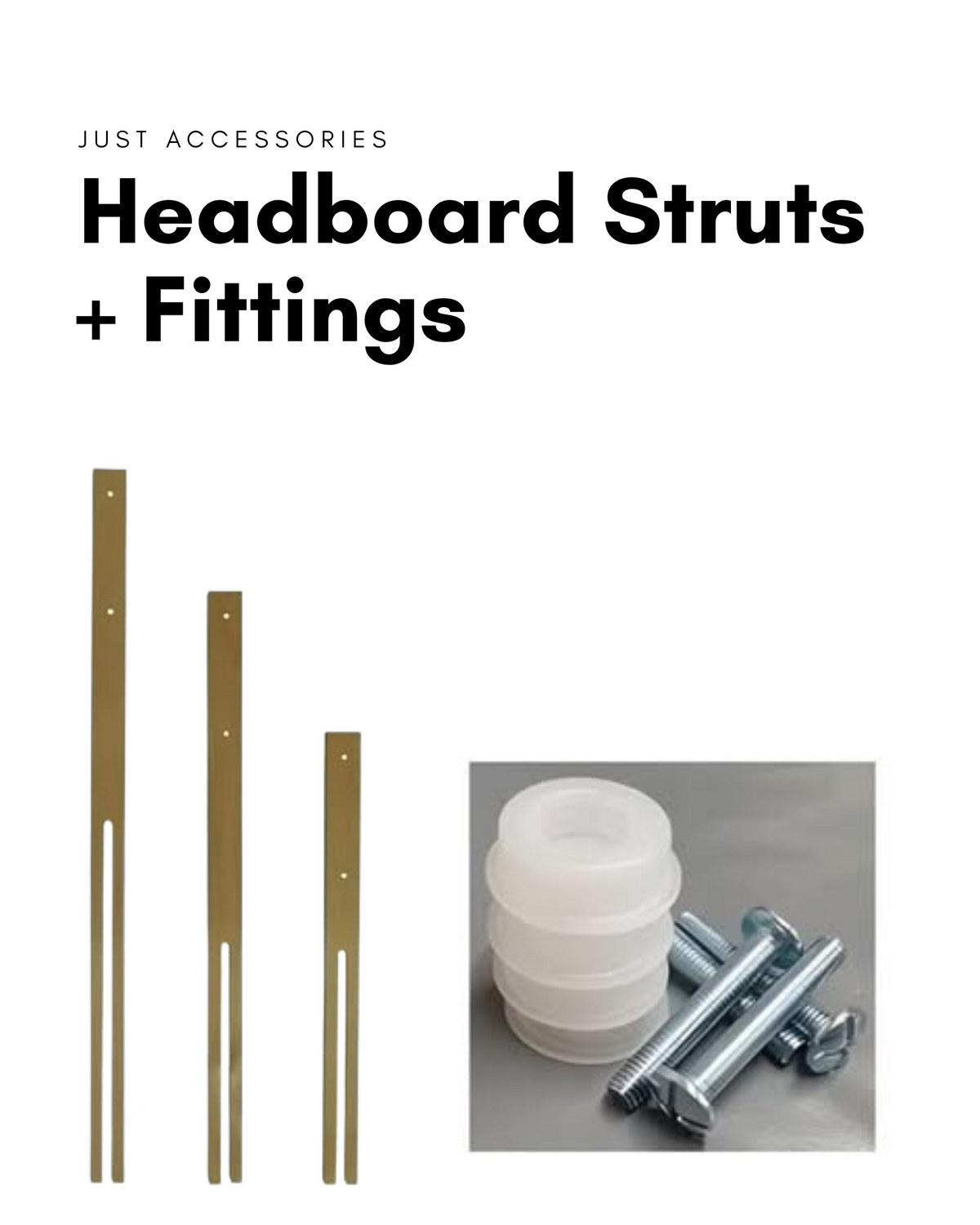 Headboard struts with metal fittings for attaching a headboard to a bed base.