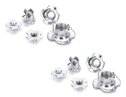 Metal T-nuts with prongs for secure furniture and wood bolt fastening.