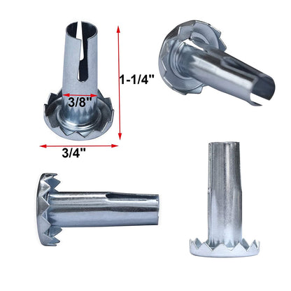 Metal furniture socket inserts with size dimensions.