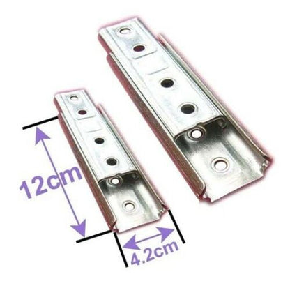 Metal sofa connector brackets with dimensions 12cm length and 4.2cm width, featuring multiple screw holes.