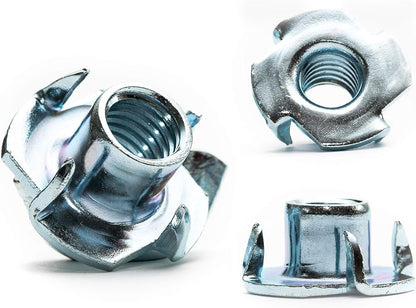 T-nuts (tee nuts) with four prongs, used for inserting threads into wood.
