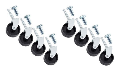 Set of eight black swivel caster wheels with silver mounting stems, arranged in two groups on a white background.