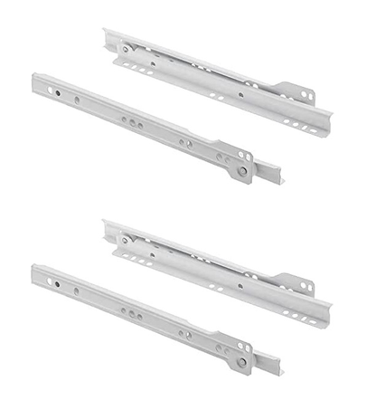 Set of four metal drawer slides with ball-bearing mechanism for smooth opening and closing.